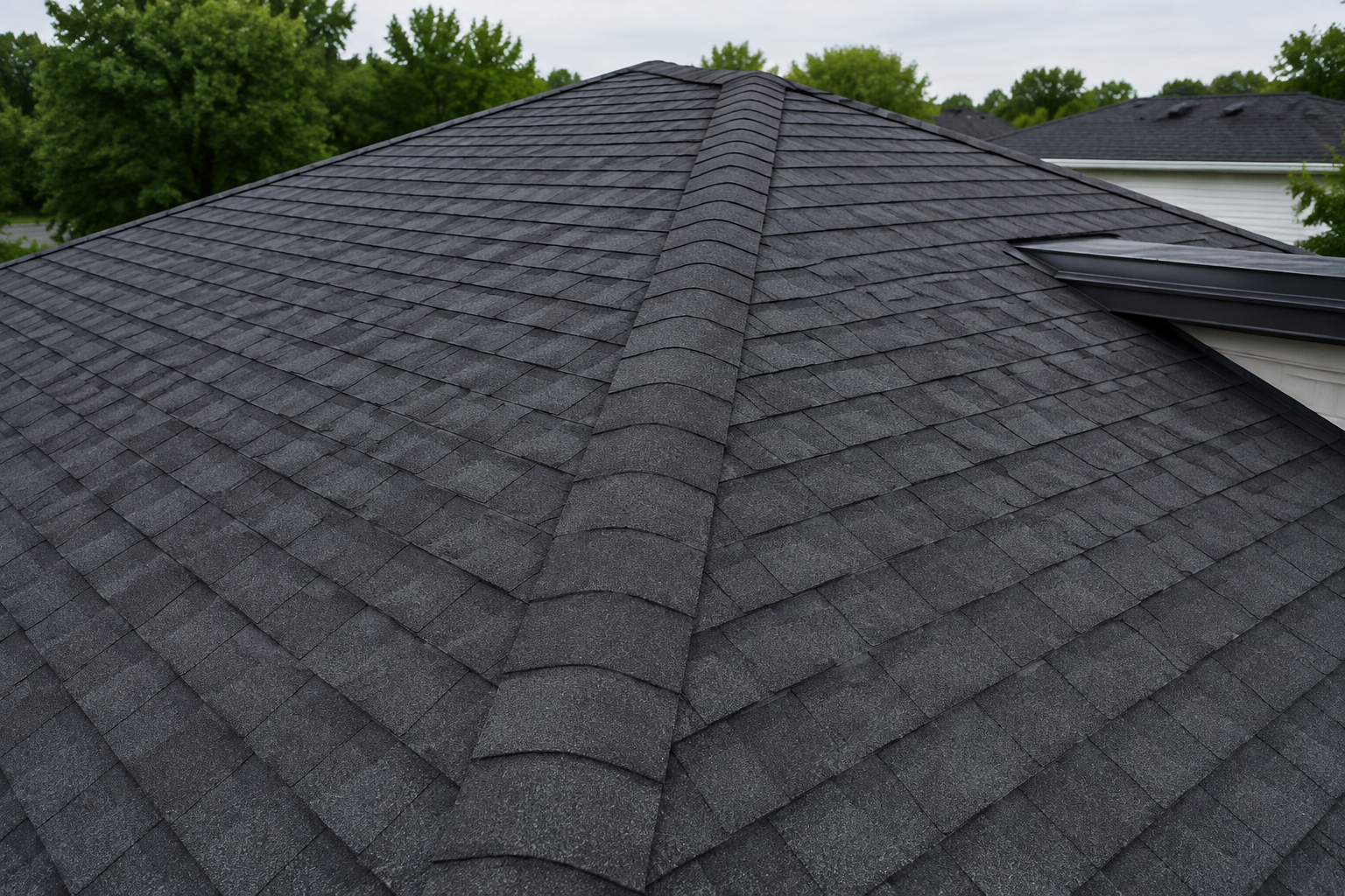 Pristine charcoal asphalt-shingle roof with straight courses and intact ridge caps